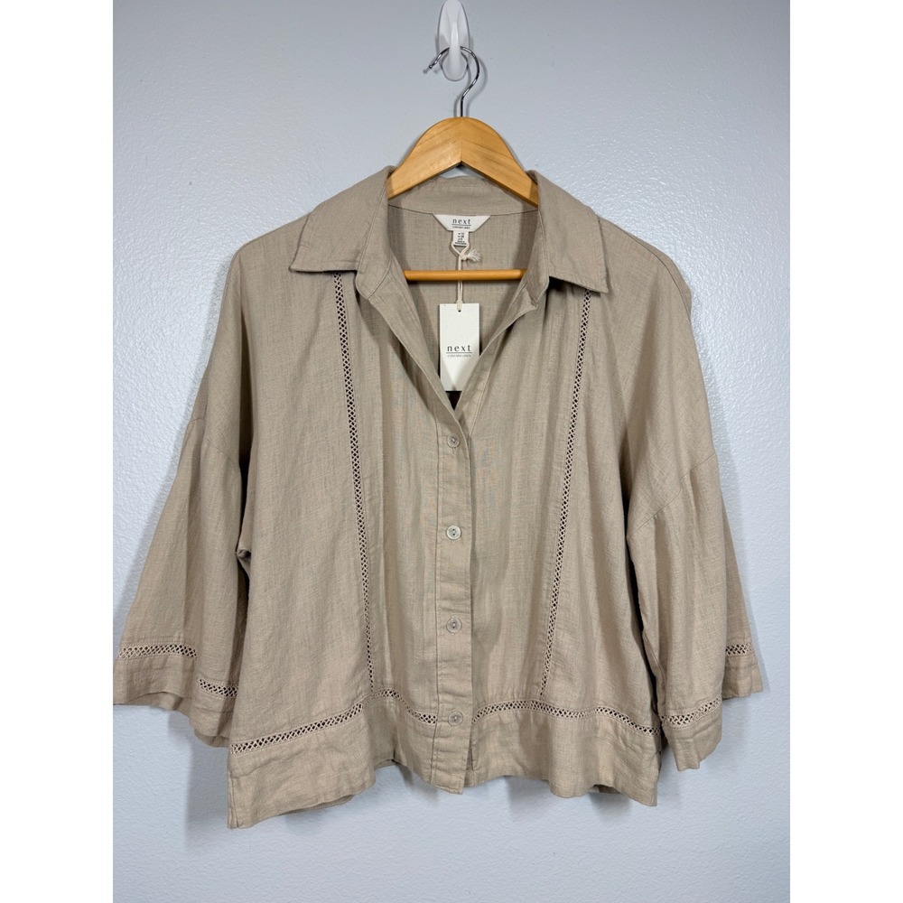 Next Button Up Women Size 6 Tan Linen Blend Crochet Trim Shirt Top NEW